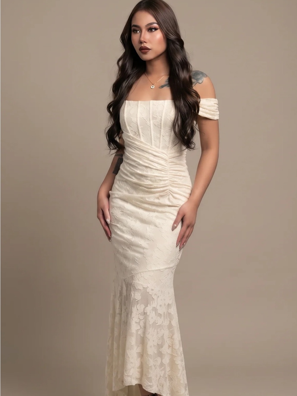 Elegant Off-Shoulder Ivory Lace Mermaid Gown from Aurora Noir